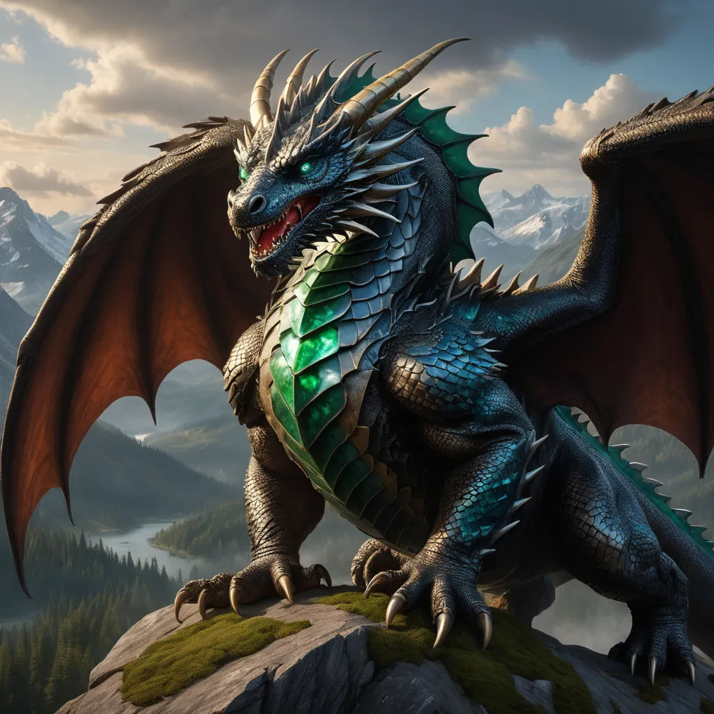 a dragon statue sitting on top of a rock in the mountains with a sky background and clouds in the background, fantasy art, concept art, Clint Cearley, dragon art