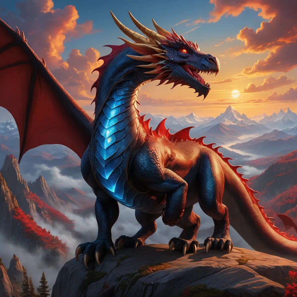 a dragon is standing on a rock in the mountains at sunset with a mountain range in the background and clouds in the sky, fantasy art, an airbrush painting, Anne Stokes, dragon art