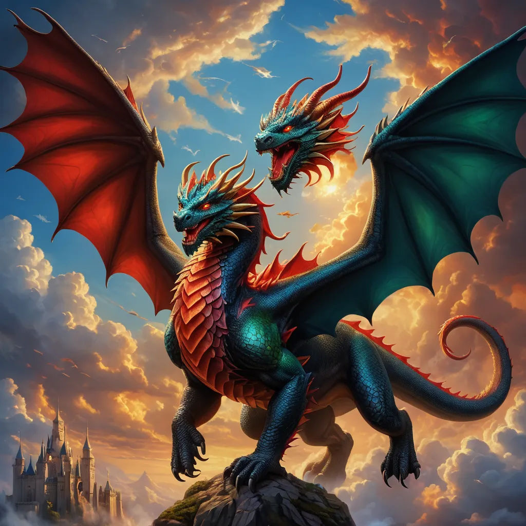 a dragon statue on a rock in front of a castle with a sky background and clouds in the background, fantasy art, an ultrafine detailed painting, Anne Stokes, dragon art