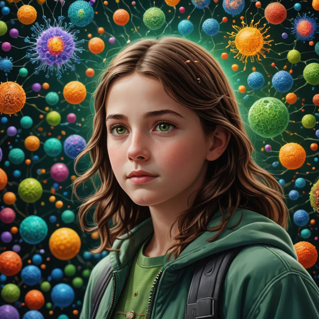 a painting of a girl surrounded by balls of colored balls and a green hoodie with a green hoodie, psychedelic art, a detailed painting, Chris LaBrooy, highly detailed digital painting