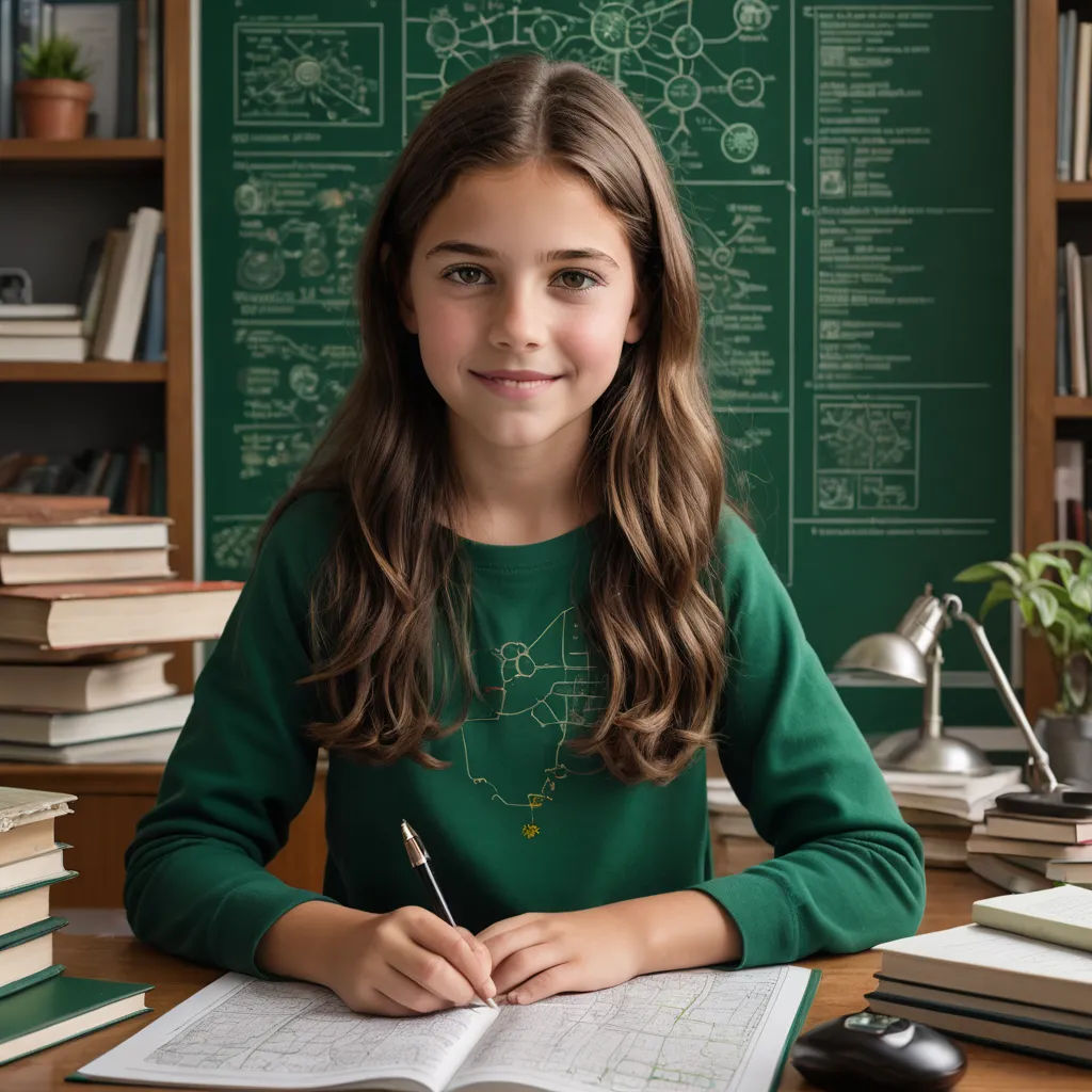 a girl sitting at a desk with a book and pen in her hand and a book on the desk, kinetic pointillism, computer graphics, Christian Hilfgott Brand, promotional image
