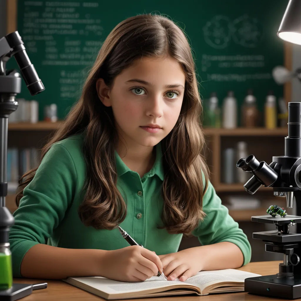 a girl is sitting at a desk with a book and microscopes on the table in front of her, american barbizon school, a computer rendering, Brigette Barrager, promotional image