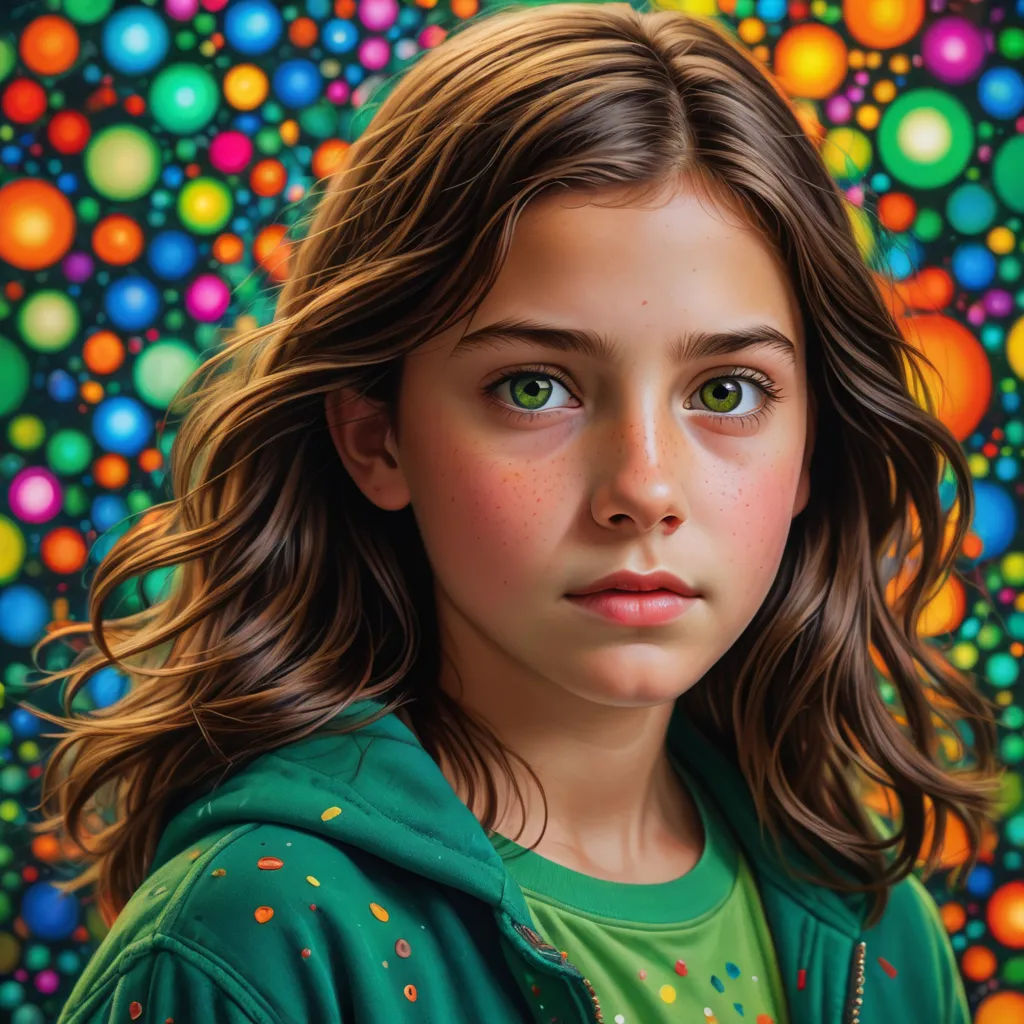 a painting of a girl with long hair and green eyes and a green hoodie with a colorful background, hyperrealism, a hyperrealistic painting, Chuck Close, highly detailed oil painting