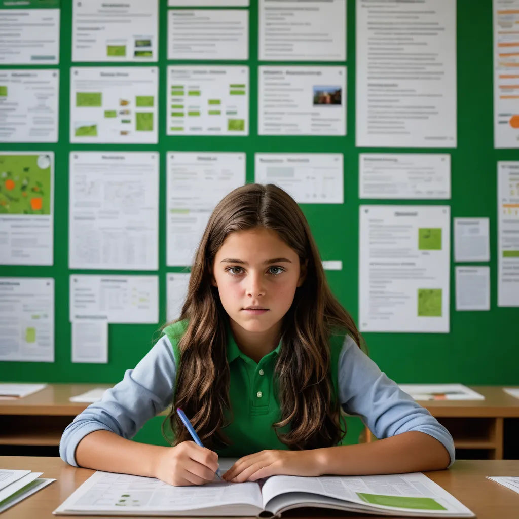 a girl sitting at a desk with a book and pen in front of her and a green wall with posters behind her, danube school, a stock photo, Elina Karimova, promotional image