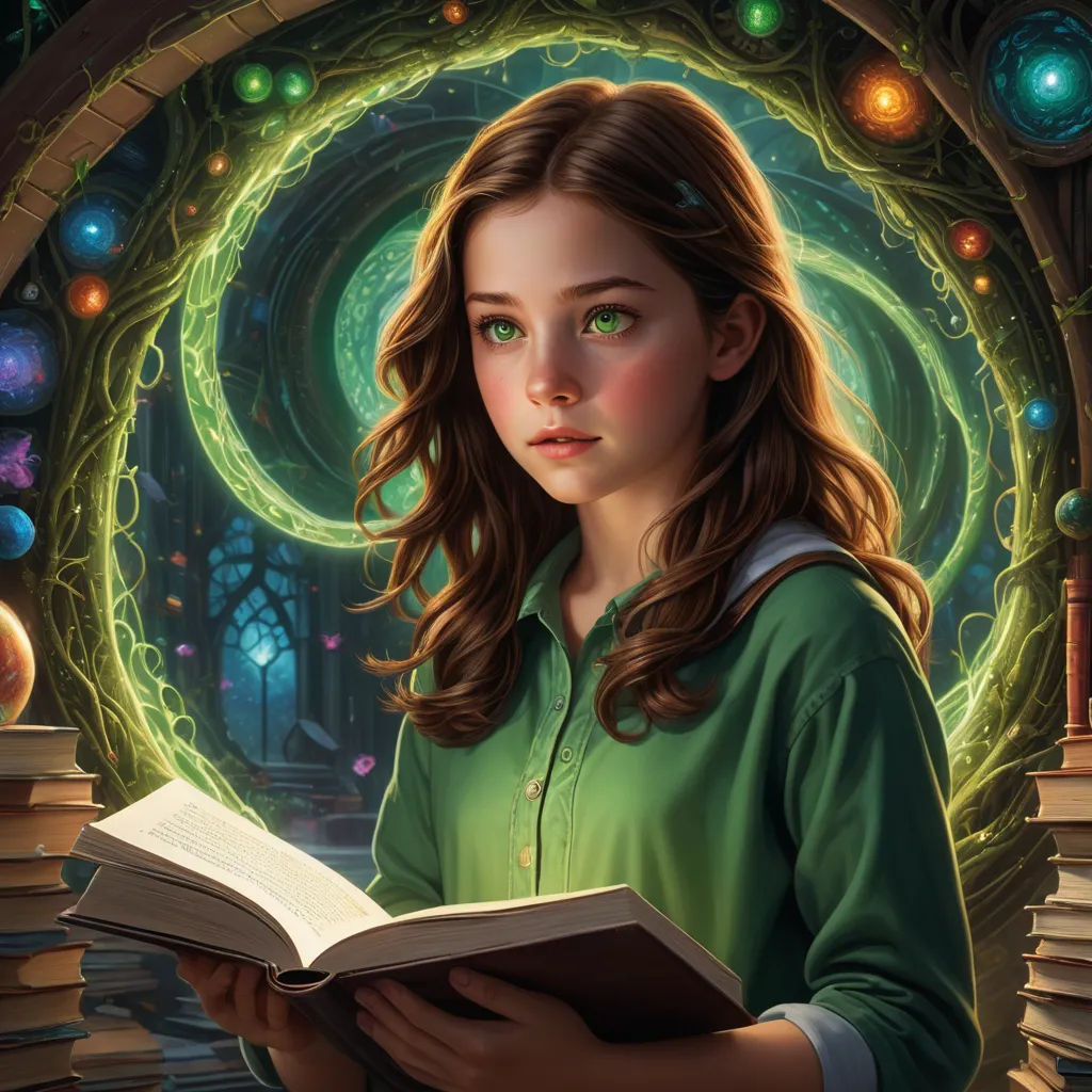 a girl is reading a book in front of a circular window with lights and a green light in the background, fantasy art, a storybook illustration, Clint Cearley, rossdraws global illumination