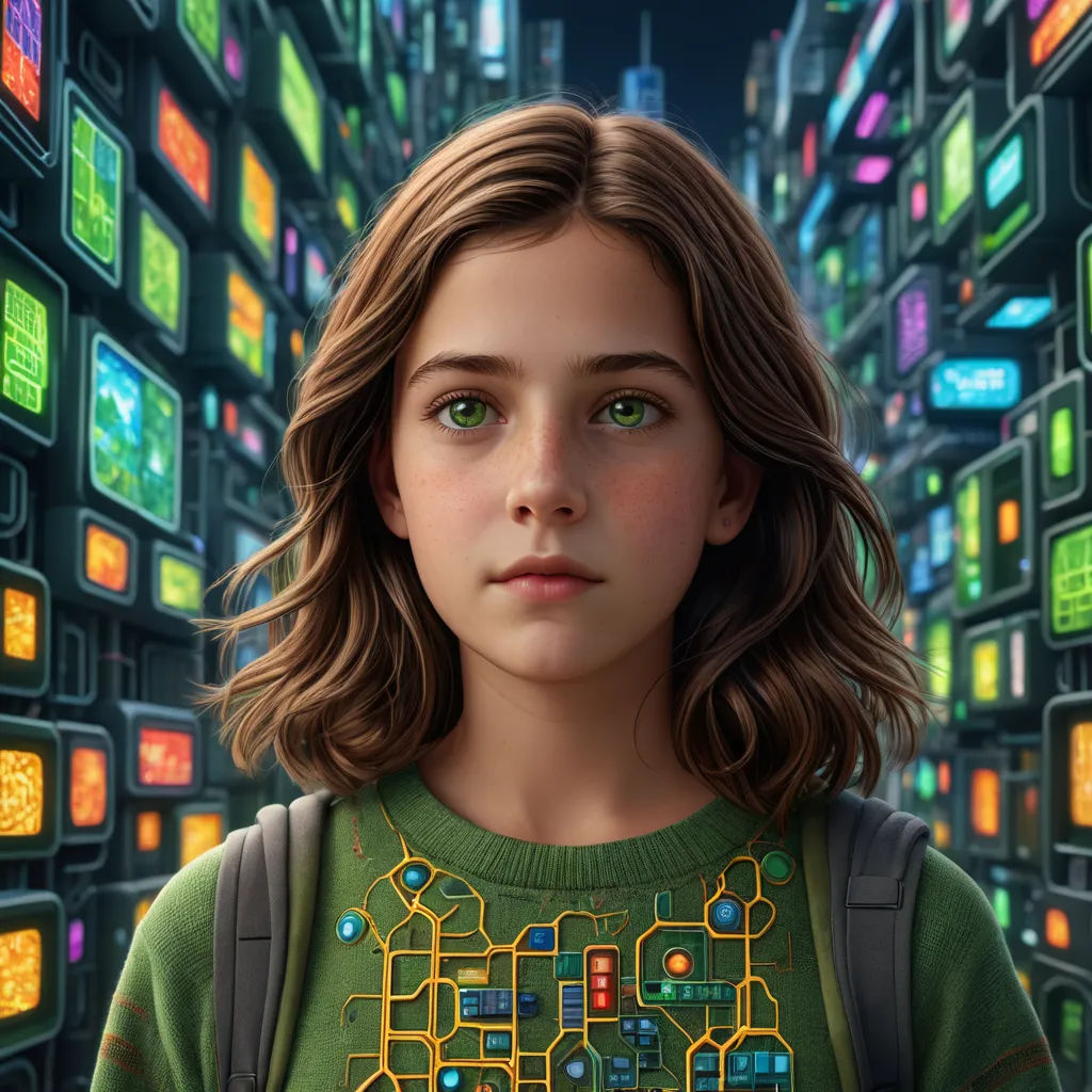 a young girl with a backpack standing in front of a wall of colorful lights and a cityscape, sots art, computer graphics, Chris LaBrooy, promotional image
