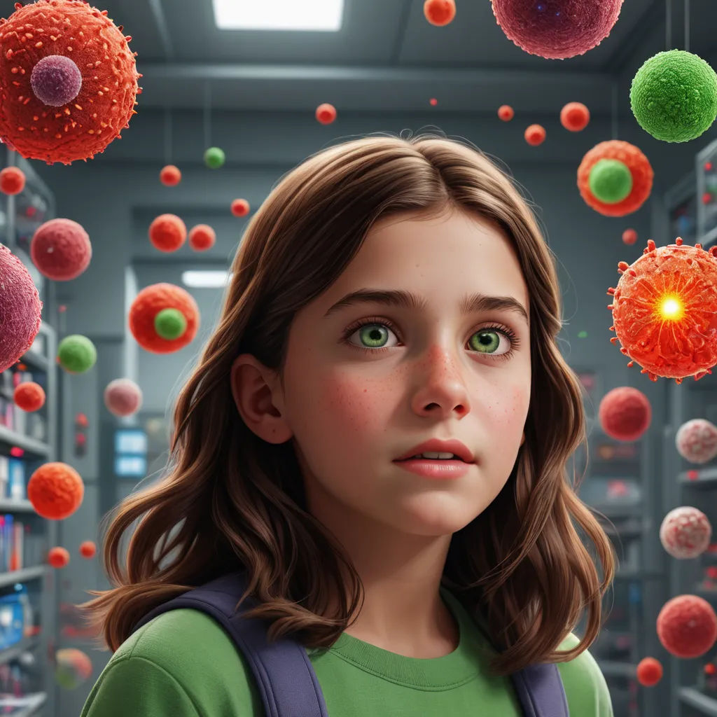 a young girl looks up at a bunch of balls of red and green balls floating in the air above her, neoplasticism, a computer rendering, Chris LaBrooy, promotional image