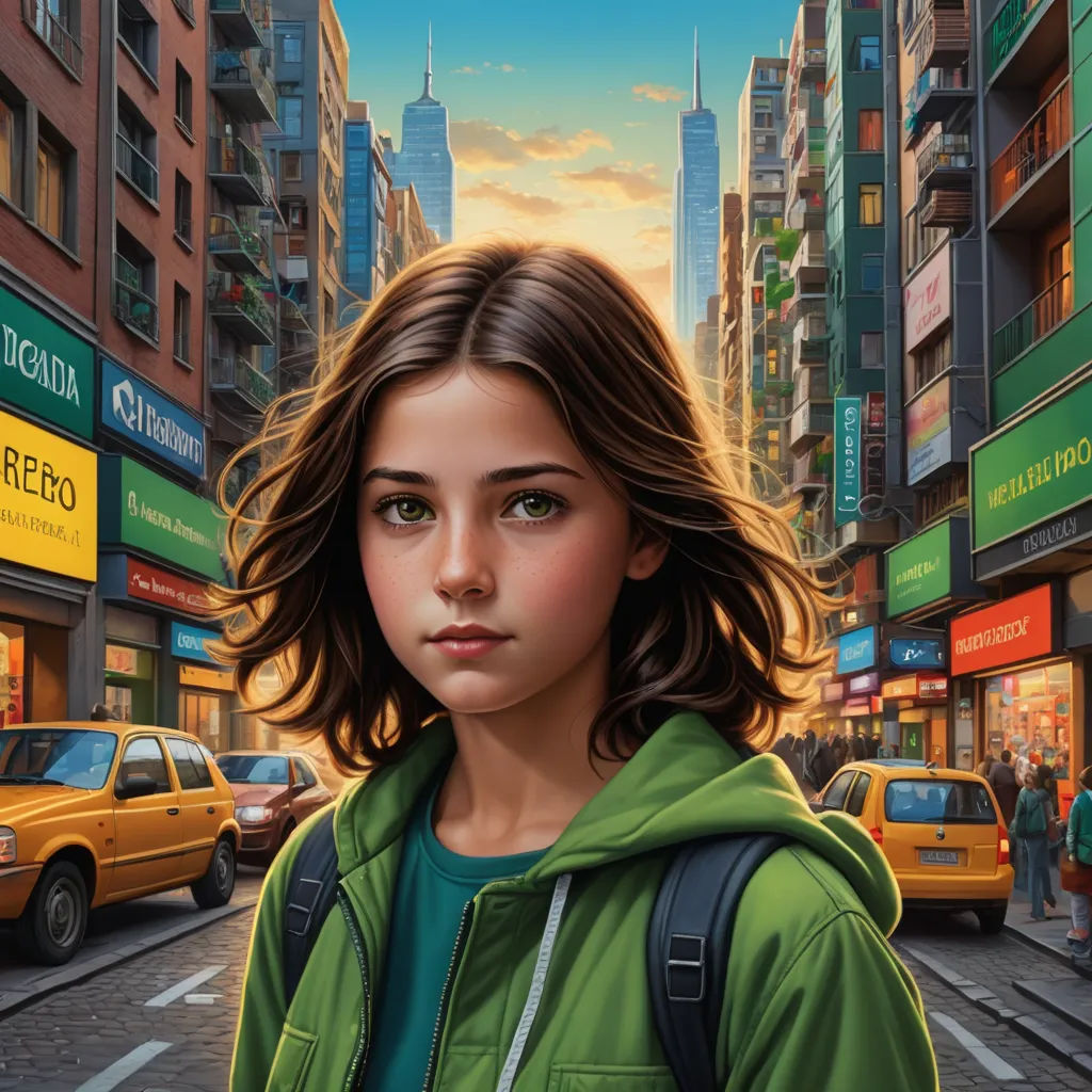 a painting of a girl in a green jacket on a city street with a yellow taxi cab in the background, hyperrealism, poster art, Altichiero, key art