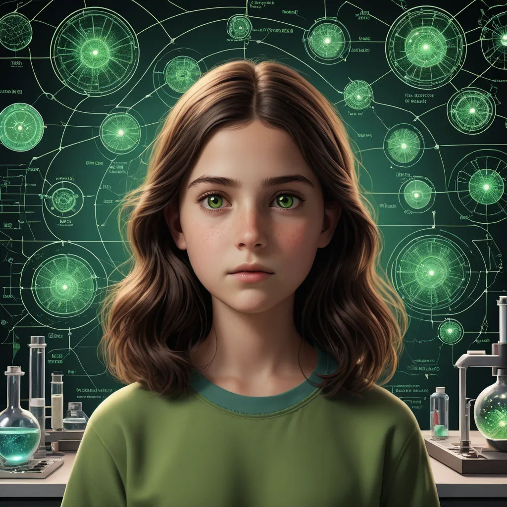 a girl with green eyes is in front of a science themed background with green and blue balls and flasks, fantasy art, a character portrait, Elinor Proby Adams, promotional image