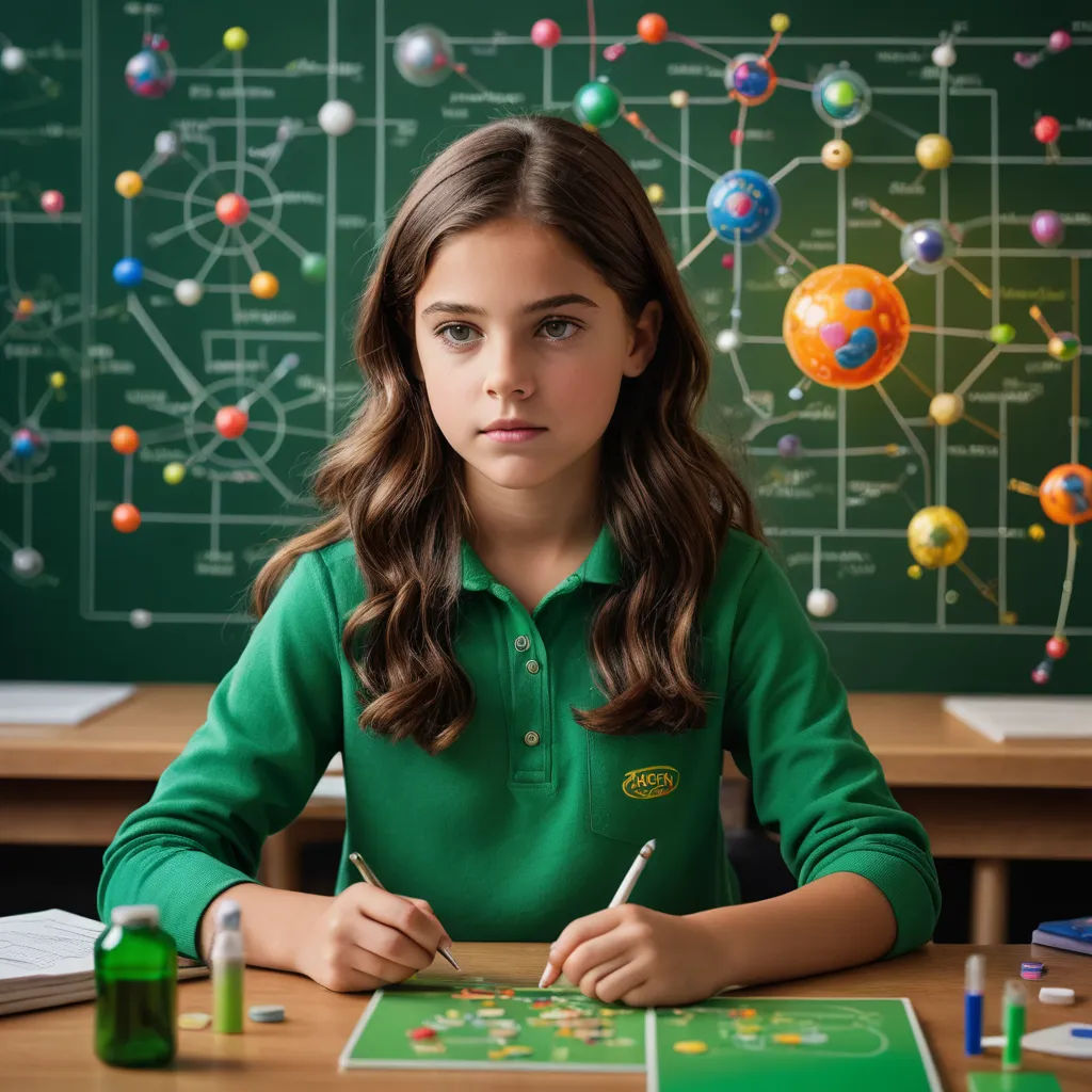 a girl sitting at a desk with a green book and a pen in her hand and a green board with a diagram on it, kinetic pointillism, a pointillism painting, Eva Gonzalès, promotional image