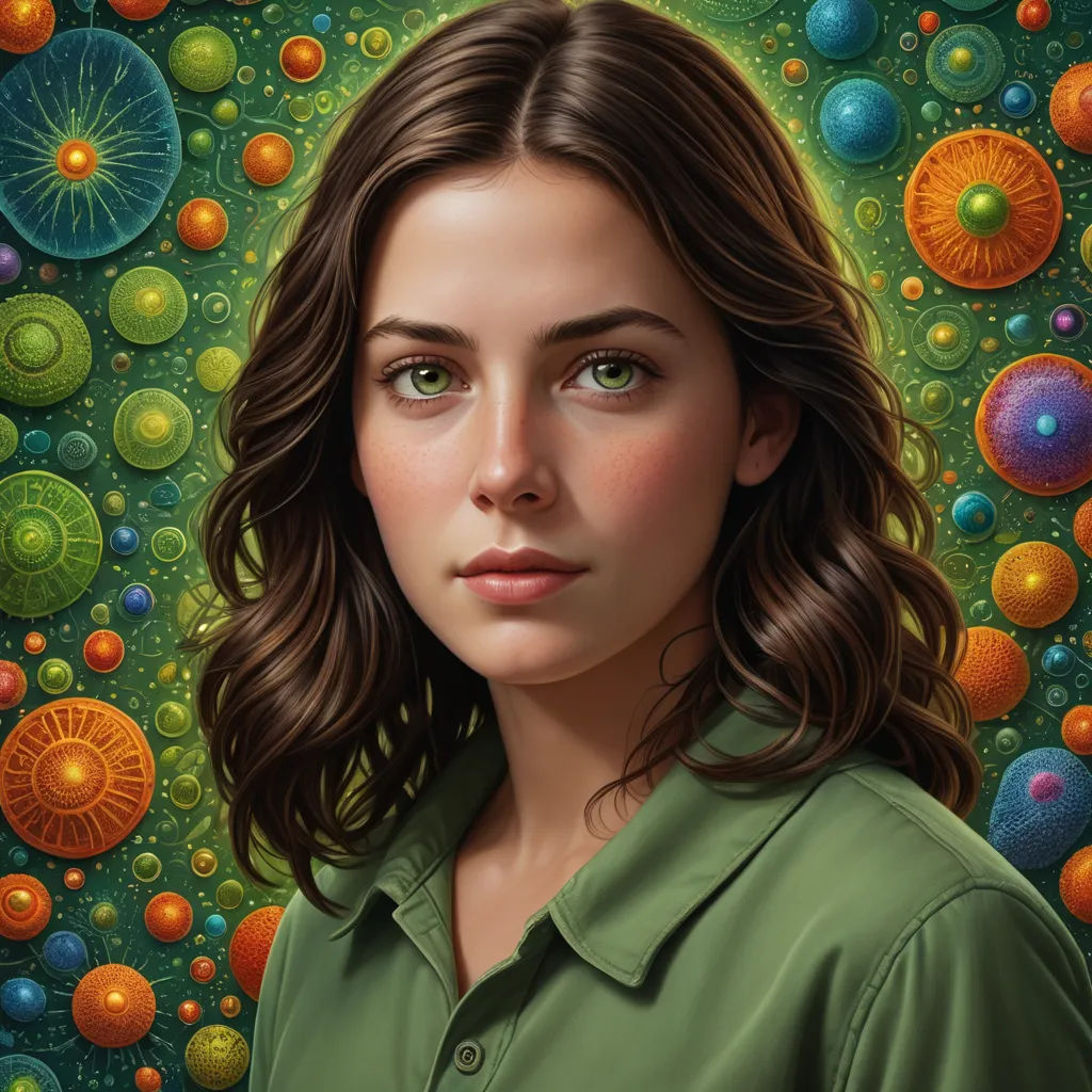 a painting of a woman with brown hair and green shirt in front of a green background with bubbles and circles, psychedelic art, a hyperrealistic painting, Brad Kunkle, highly detailed digital painting