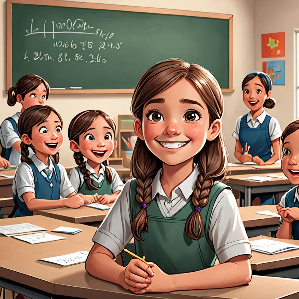 a cartoon of a girl in a classroom with other children in the background and a chalkboard with writing on it, vancouver school, a storybook illustration, Diego Gisbert Llorens, official art
