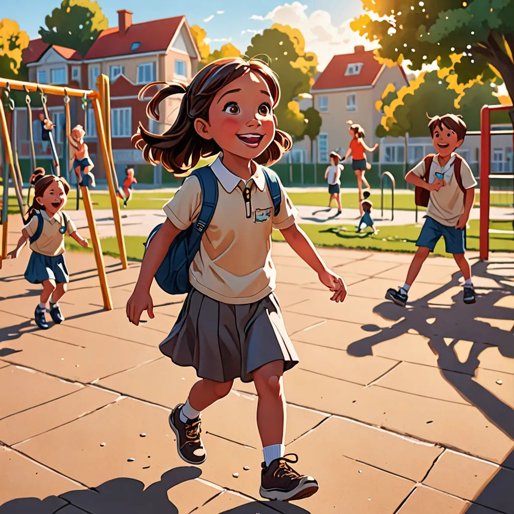 a cartoon of a girl walking on a playground with other children in the background and a swing set in the foreground, american scene painting, a storybook illustration, Alejandro Burdisio, official art