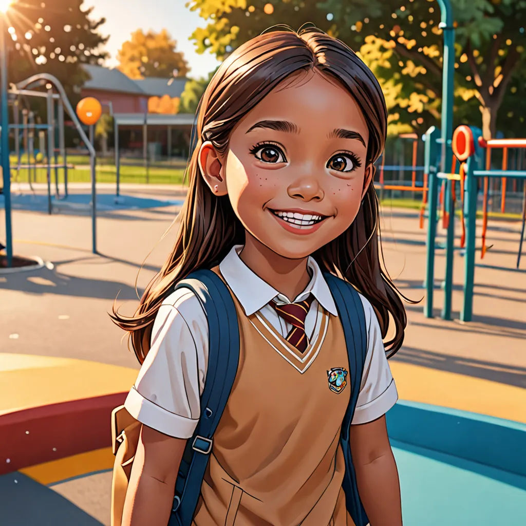 a cartoon of a girl in a school uniform at a playground with a backpack on her back and a playground in the background, paris school, a character portrait, Chris LaBrooy, ultra realistic illustration