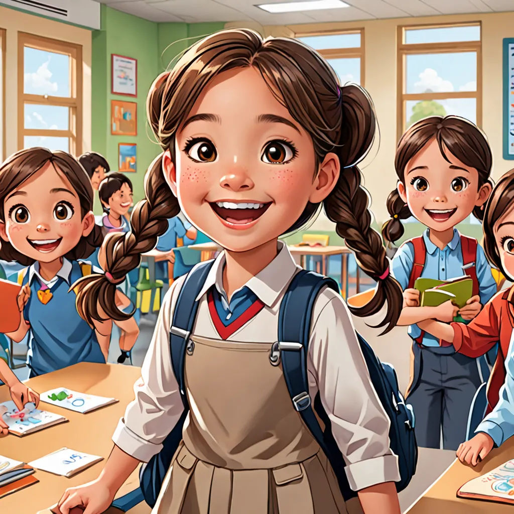 a cartoon of a girl in a classroom with other children in the background and a teacher in the foreground, danube school, a storybook illustration, Choi Buk, official art
