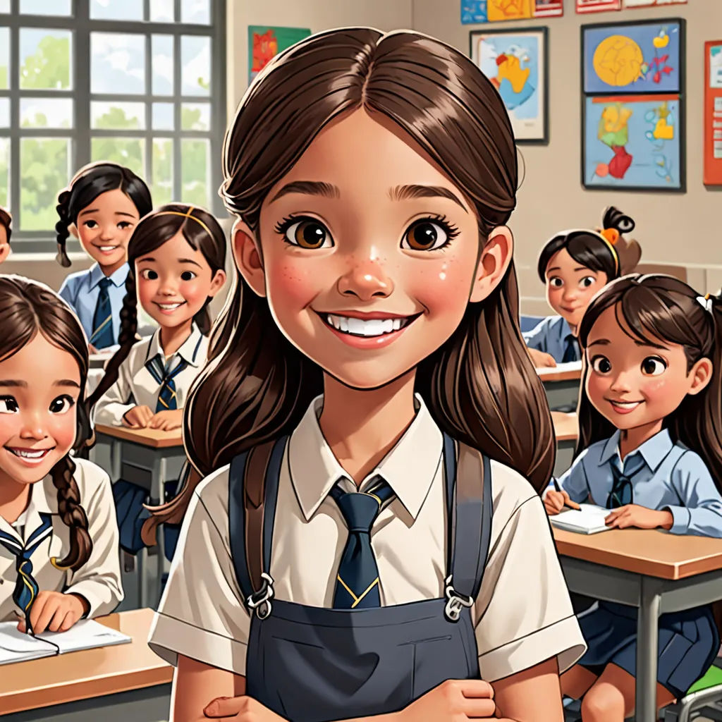a cartoon of a girl in a classroom with other children in the background and a teacher in the foreground, paris school, a storybook illustration, Cliff Childs, official art