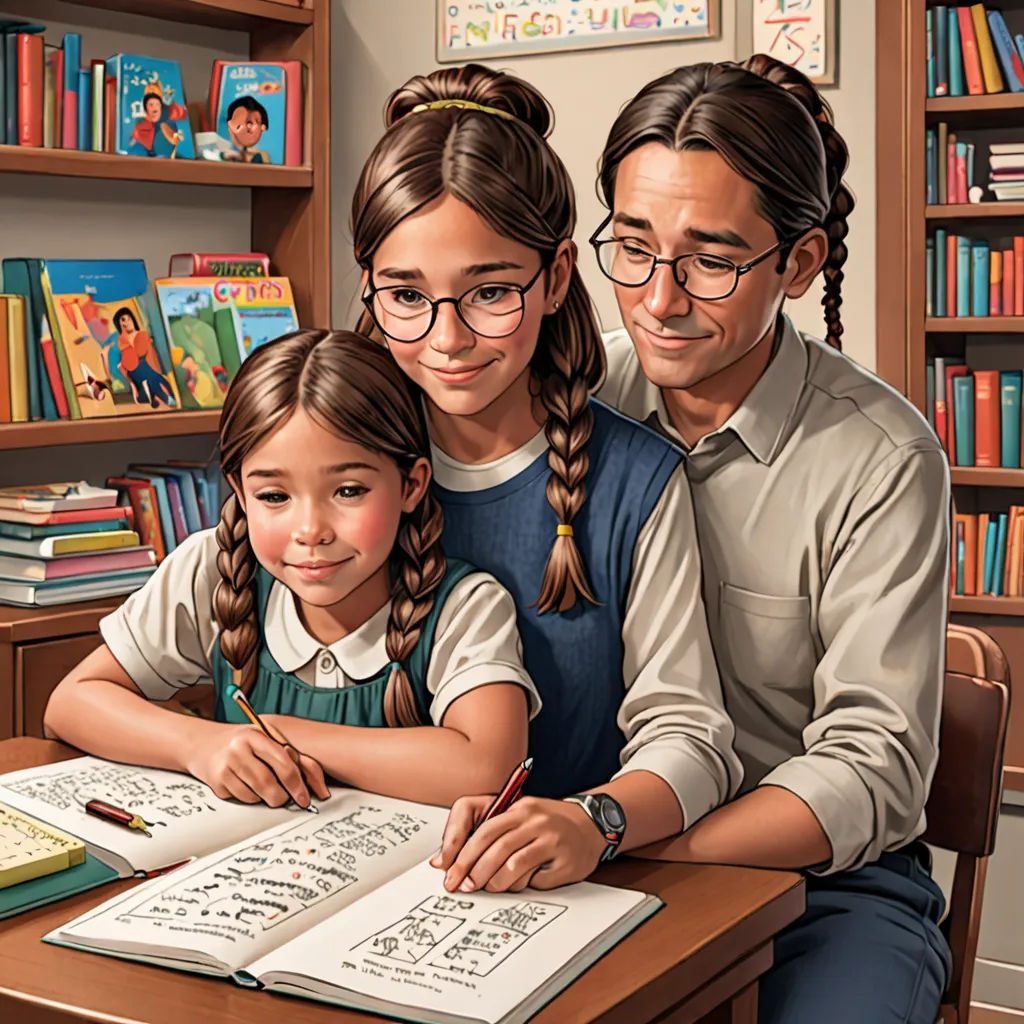 a man and two girls sitting at a desk with books and a bookcase in the background, and a man and a girl writing on the desk, art & language, a storybook illustration, Brothers Hildebrandt, official art