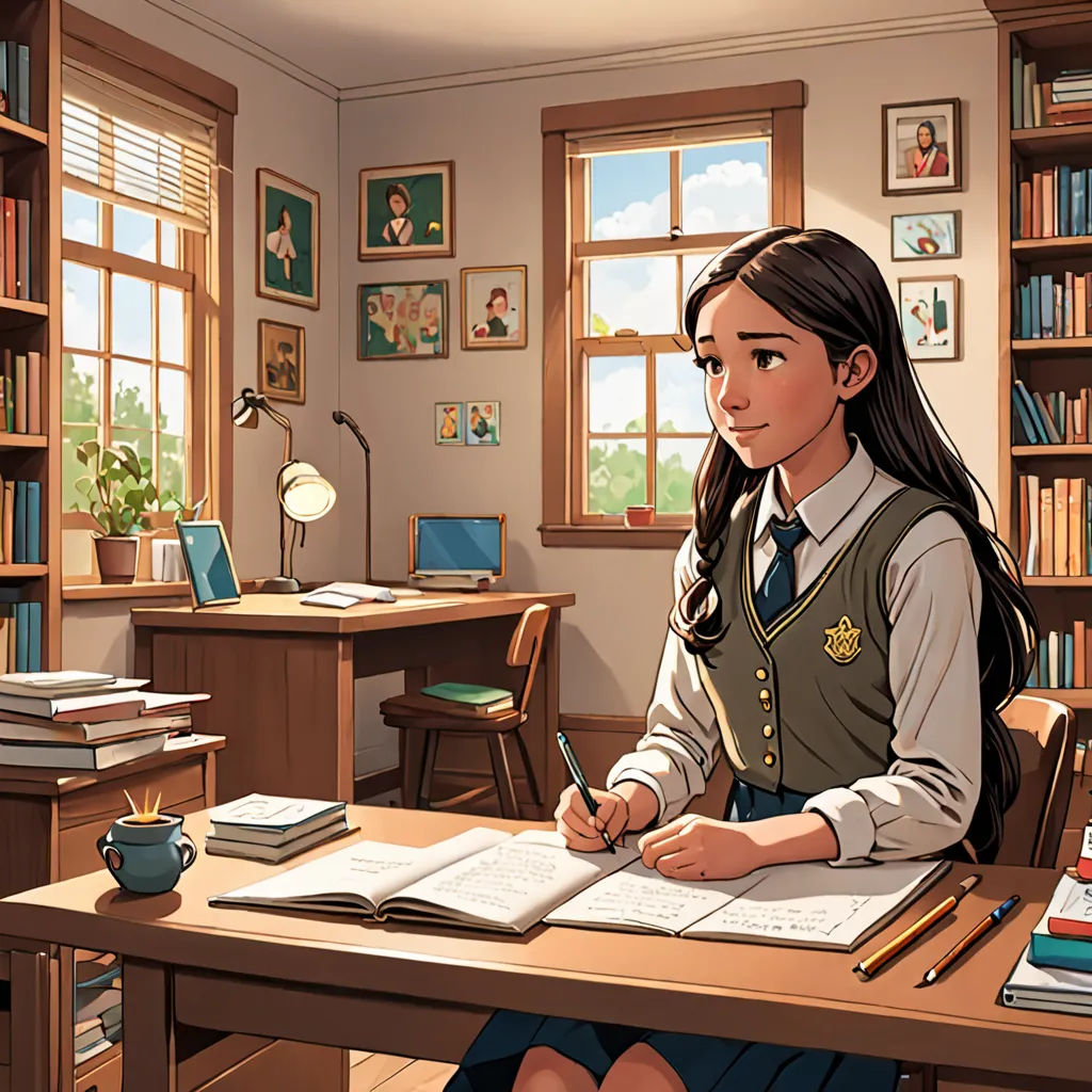 a girl sitting at a desk with a book and pen in her hand and a book in her lap, remodernism, a comic book panel, Artgerm, official art
