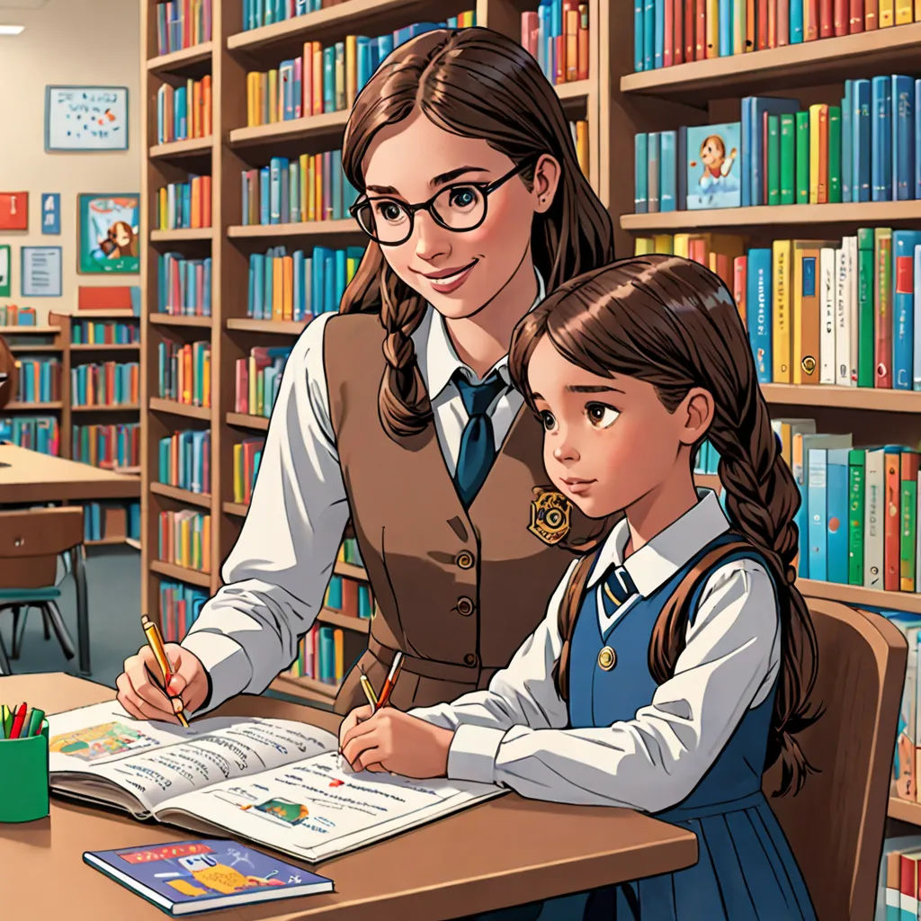 a woman and a girl are sitting at a desk in a library and writing on a book with a pencil, danube school, a comic book panel, Colin Middleton, official art