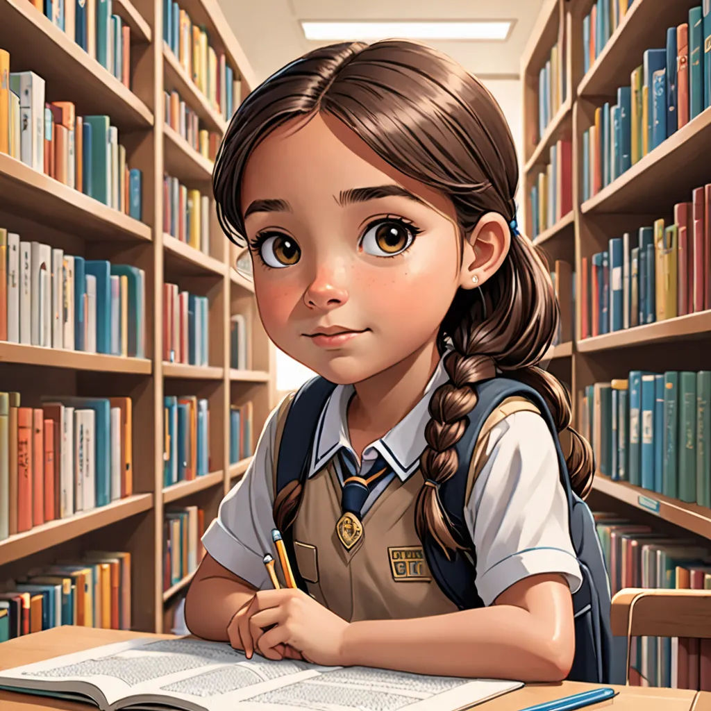 a girl sitting at a desk in front of a book shelf with books on it and a pencil in her hand, academic art, a storybook illustration, Artgerm, trending on art station
