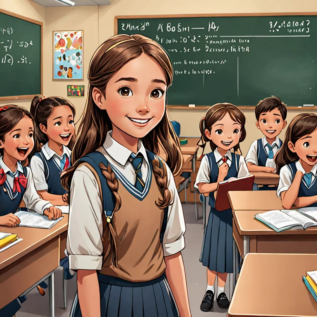 a girl in a school uniform standing in front of a classroom full of students with books and pencils, danube school, a storybook illustration, Chizuko Yoshida, official art
