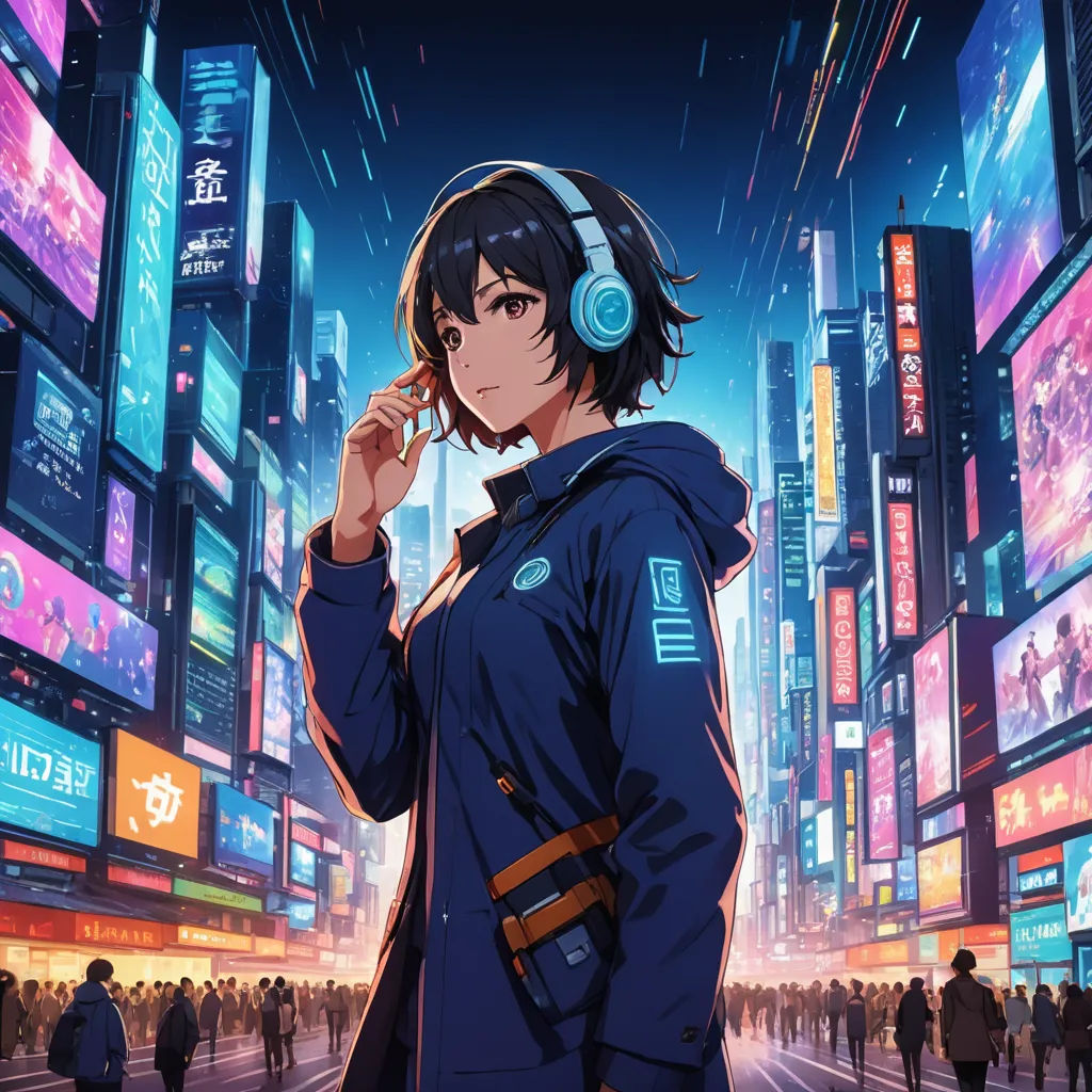 a man in headphones standing in a city at night with a cityscape in the background and people walking around, pixel art, cyberpunk art, Beeple, anime key visual
