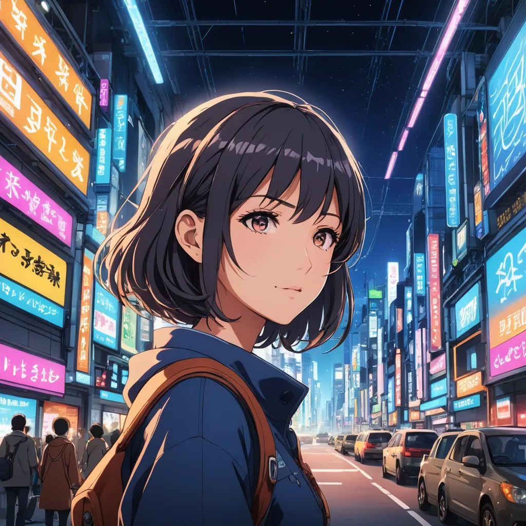 a woman standing in the middle of a city at night with neon signs in the background and a car driving by, graffiti, graffiti art, Ai-Mitsu, city background
