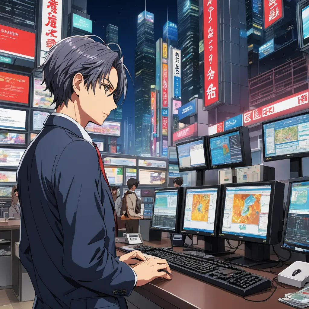 a man in a suit is at a desk with multiple monitors and a keyboard and mouse in front of him, computer art, computer graphics, Aguri Uchida, official art