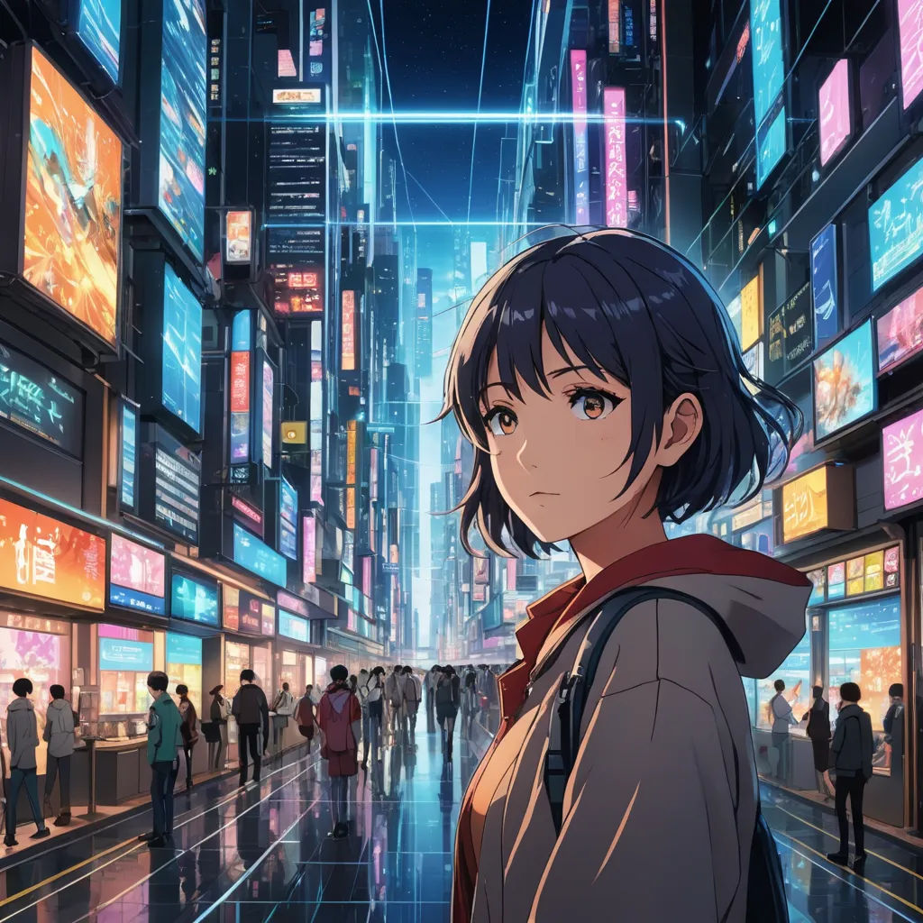 a woman standing in a city at night with a lot of people walking around her and a lot of neon lights, computer art, cyberpunk art, Ai-Mitsu, anime key visual