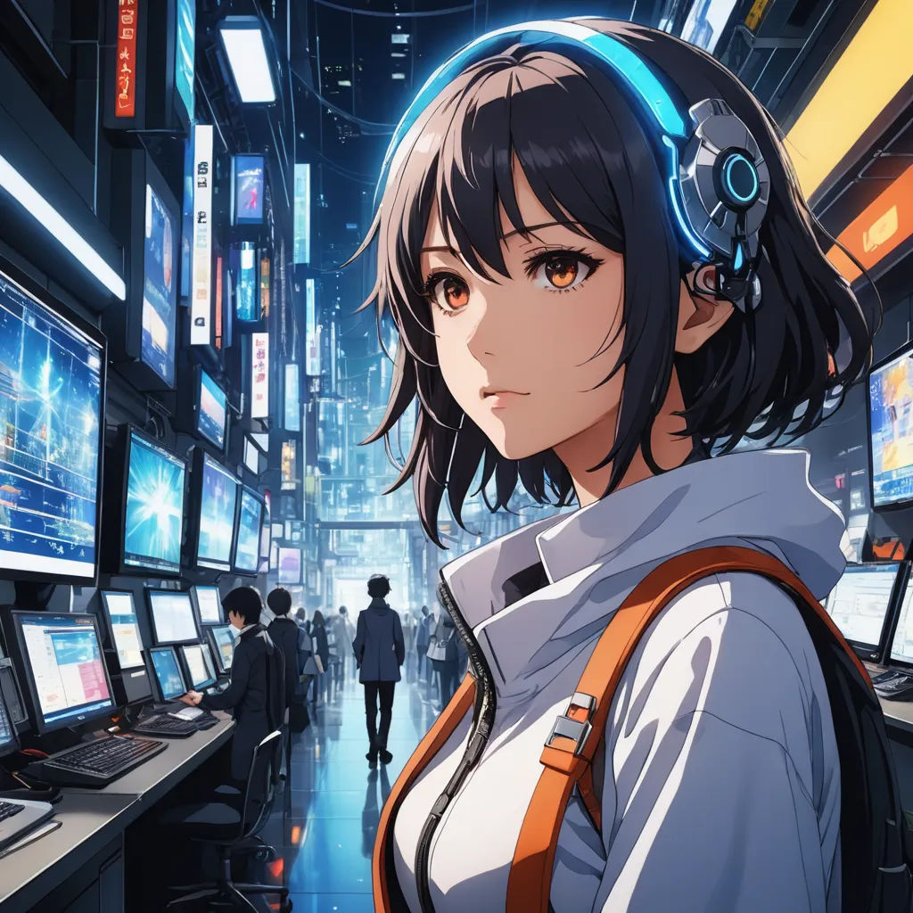 a woman in a white shirt and headphones in a room with many monitors and people in the background, computer art, cyberpunk art, Ai-Mitsu, anime key visual
