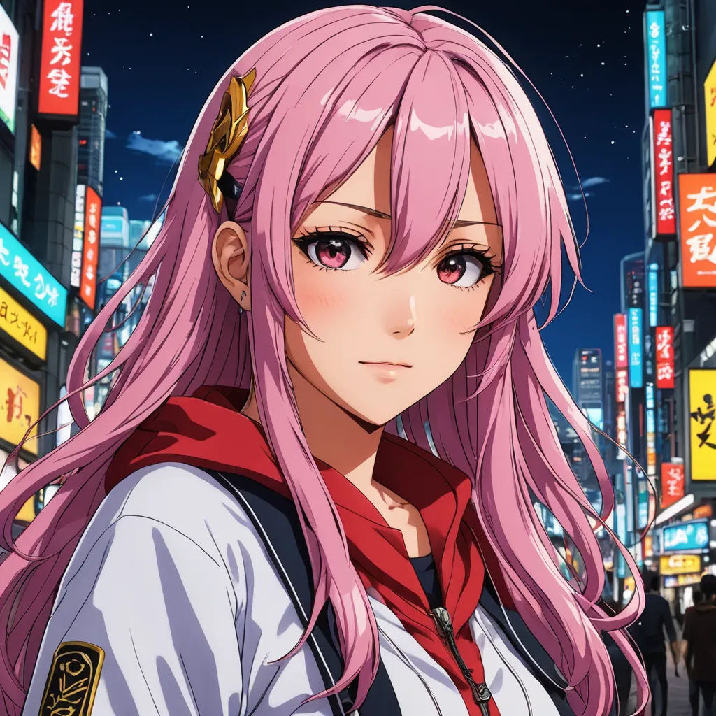 a girl with pink hair and a red scarf on a city street at night with neon signs in the background, sots art, a character portrait, Ai-Mitsu, official art