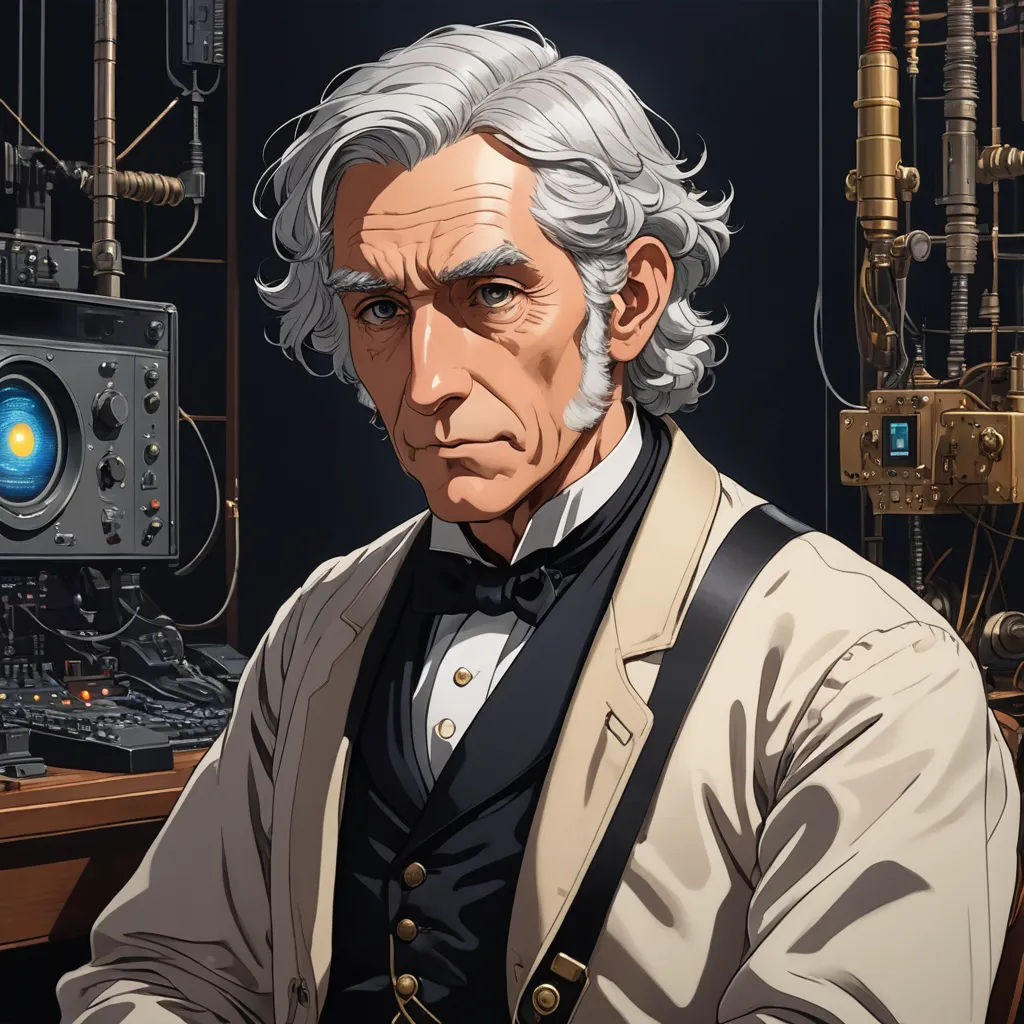 a man in a suit and tie sitting in front of a machine with a light on it's side, rayonism, a character portrait, Cedric Peyravernay, official art