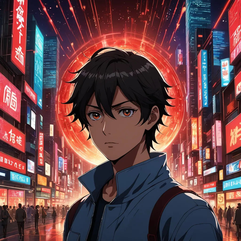 a man in a city with a red circle in the background and a red circle in the foreground, holography, poster art, Cedric Seaut (Keos Masons), anime key visual
