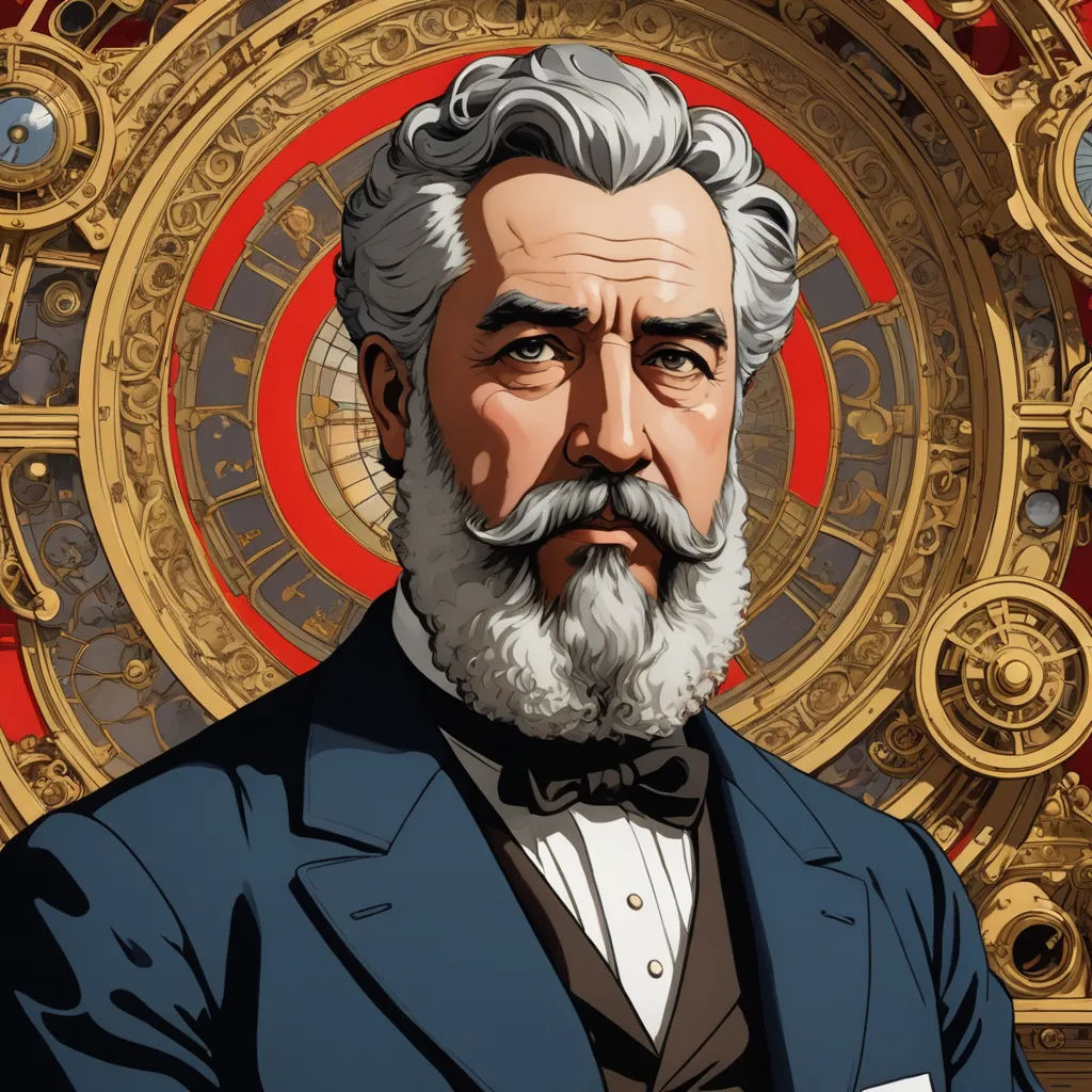 a man with a beard and a suit in front of a clock face with a red background and a gold frame, art nouveau, a character portrait, Ernst Haeckel, key art