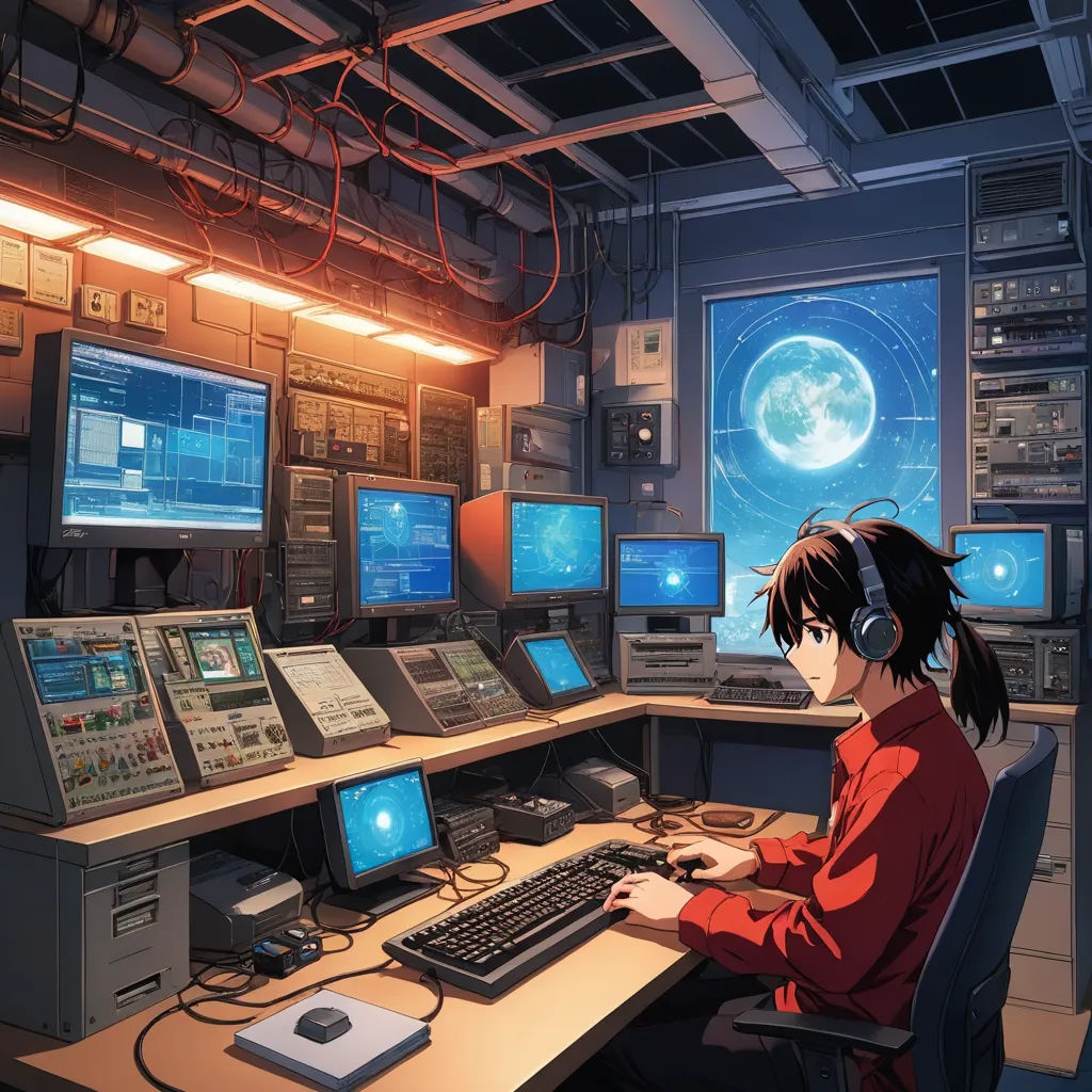 a woman sitting at a computer desk with multiple monitors and a keyboard in front of her and a monitor screen behind her, computer art, computer graphics, Beeple, kyoto studio