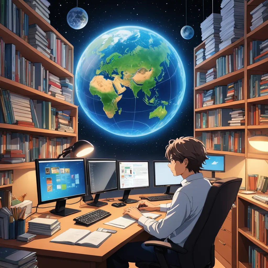 a man sitting at a desk in front of a computer monitor and a desktop computer with a world map on it, computer art, computer graphics, Chris LaBrooy, rossdraws global illumination