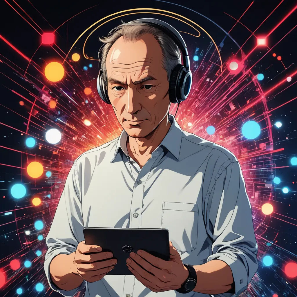 a man wearing headphones and using a tablet computer in front of a colorful background with circles of lights, serial art, a character portrait, Arie Smit, promotional image