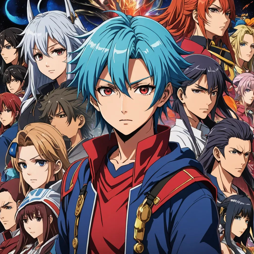a group of anime characters with blue hair and red eyes, all looking at the camera, with a background of stars and planets, rayonism, poster art, Baiōken Eishun, anime key visual