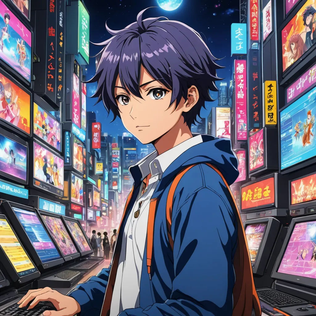 a man in a blue jacket is using a laptop in a city at night with neon lights and a lot of television screens, net art, a character portrait, Cedric Seaut (Keos Masons), anime key visual