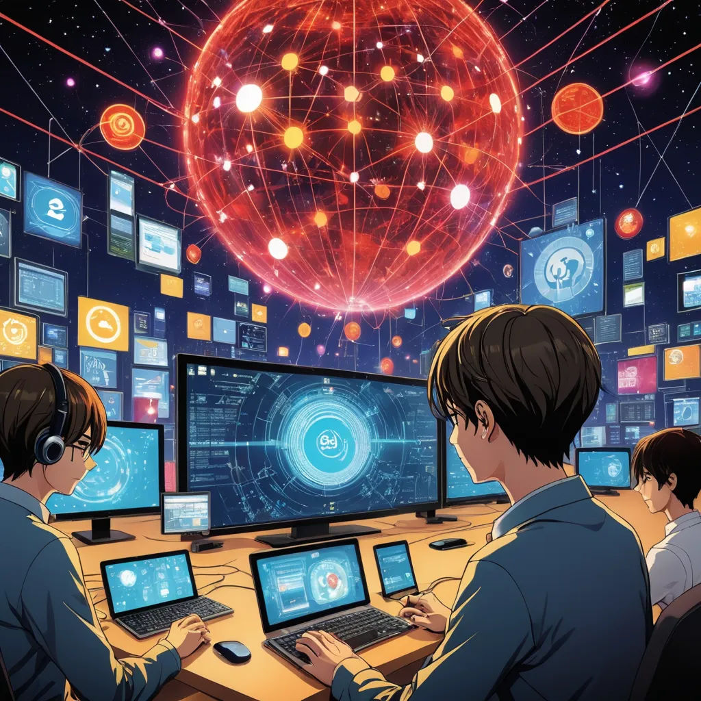 two people sitting at a desk with computers in front of them and a large sphere of lights above them, computer art, computer graphics, Beeple, anime key visual