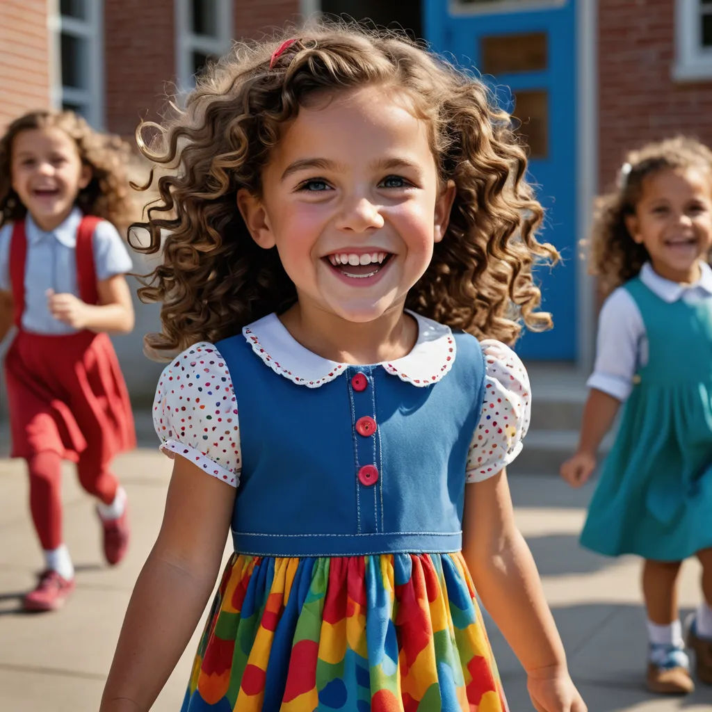 a group of children walking down a sidewalk together in dresses and shoes, with one girl smiling at the camera, danube school, a stock photo, Christian Hilfgott Brand, promotional image