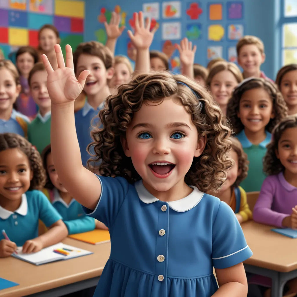 a cartoon girl in a blue dress is waving to a group of children in a classroom with their hands up, les automatistes, a stock photo, Ada Gladys Killins, promotional image