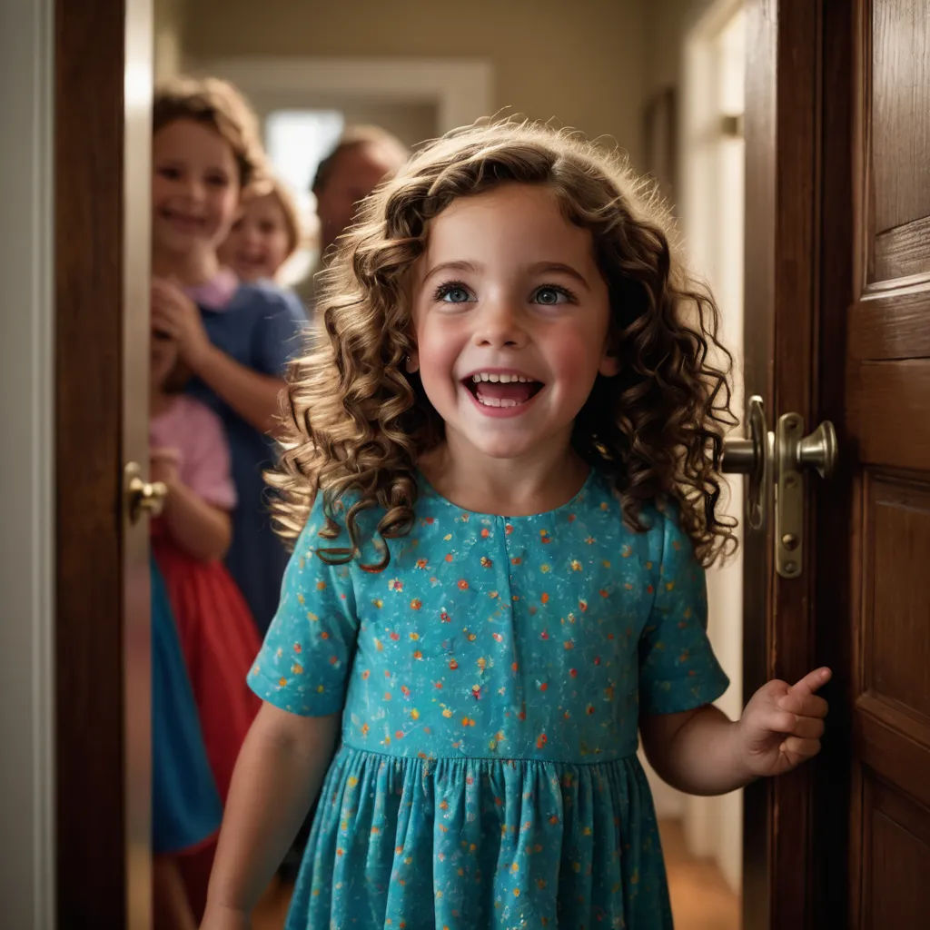 a little girl standing in front of a door with her family behind her smiling at the camera and holding a door handle, verdadism, a stock photo, Claire Hummel, promotional image