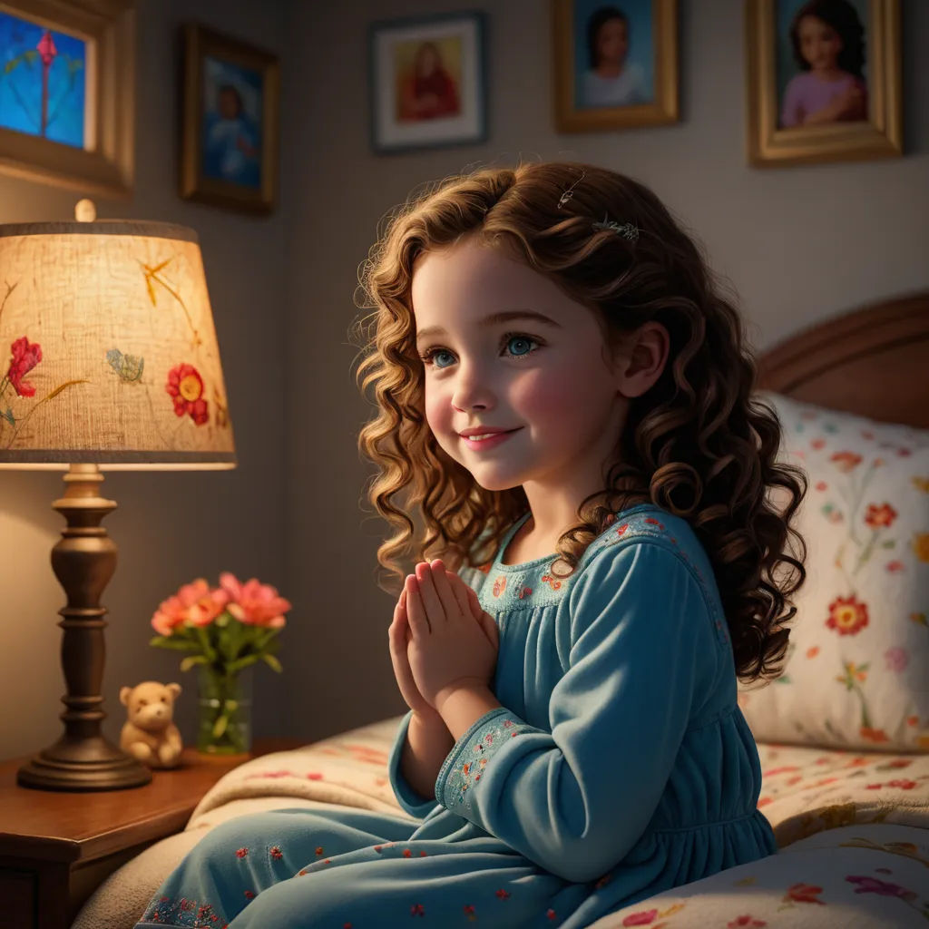 a little girl sitting on a bed with her hands folded in prayer in front of a lamp and a teddy bear, photorealism, a storybook illustration, Ella Guru, pixar and disney animation