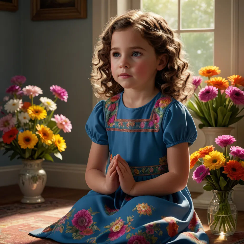 a painting of a little girl sitting in a room with flowers in the background and a vase of flowers in the foreground, art photography, a photorealistic painting, Caroline Lucy Scott, promotional image