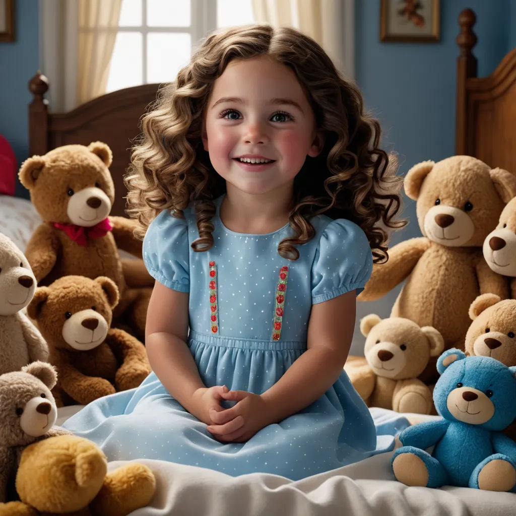a little girl sitting on a bed surrounded by teddy bears and a teddy bear bedding set with a blue wall, photorealism, a photorealistic painting, Clarice Beckett, cute and adorable