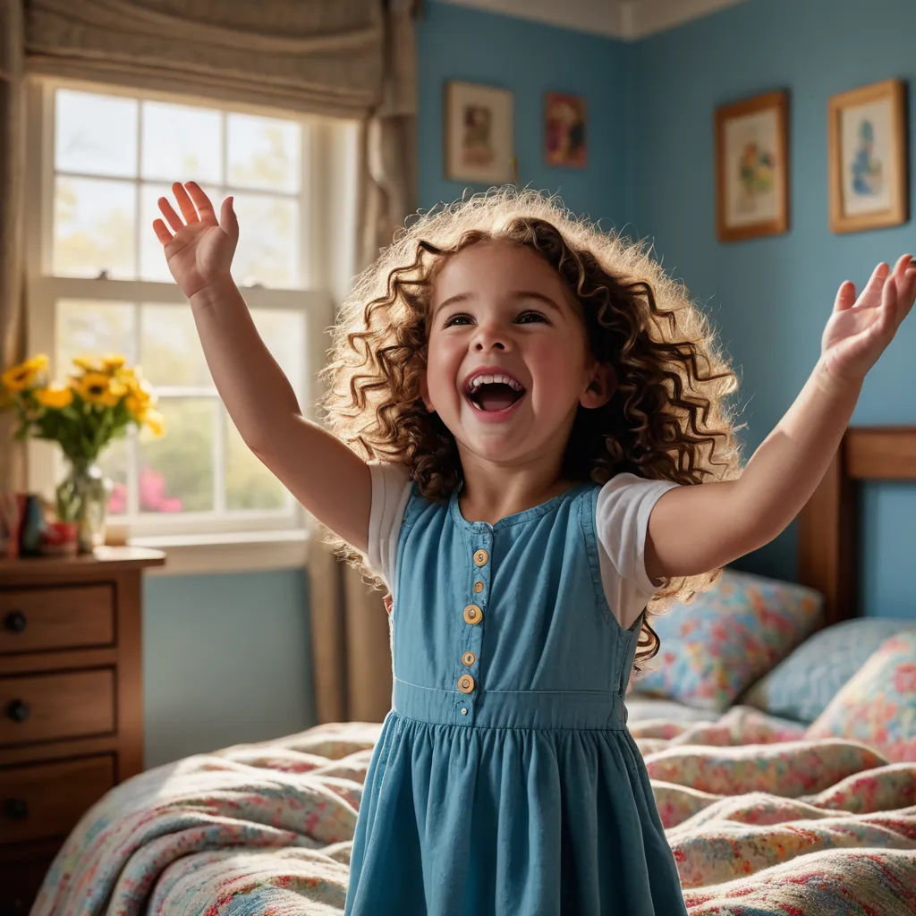 a little girl is excited about her new bedtime routine in her bedroom with her hands up in the air, video art, a stock photo, Elinor Proby Adams, promotional image