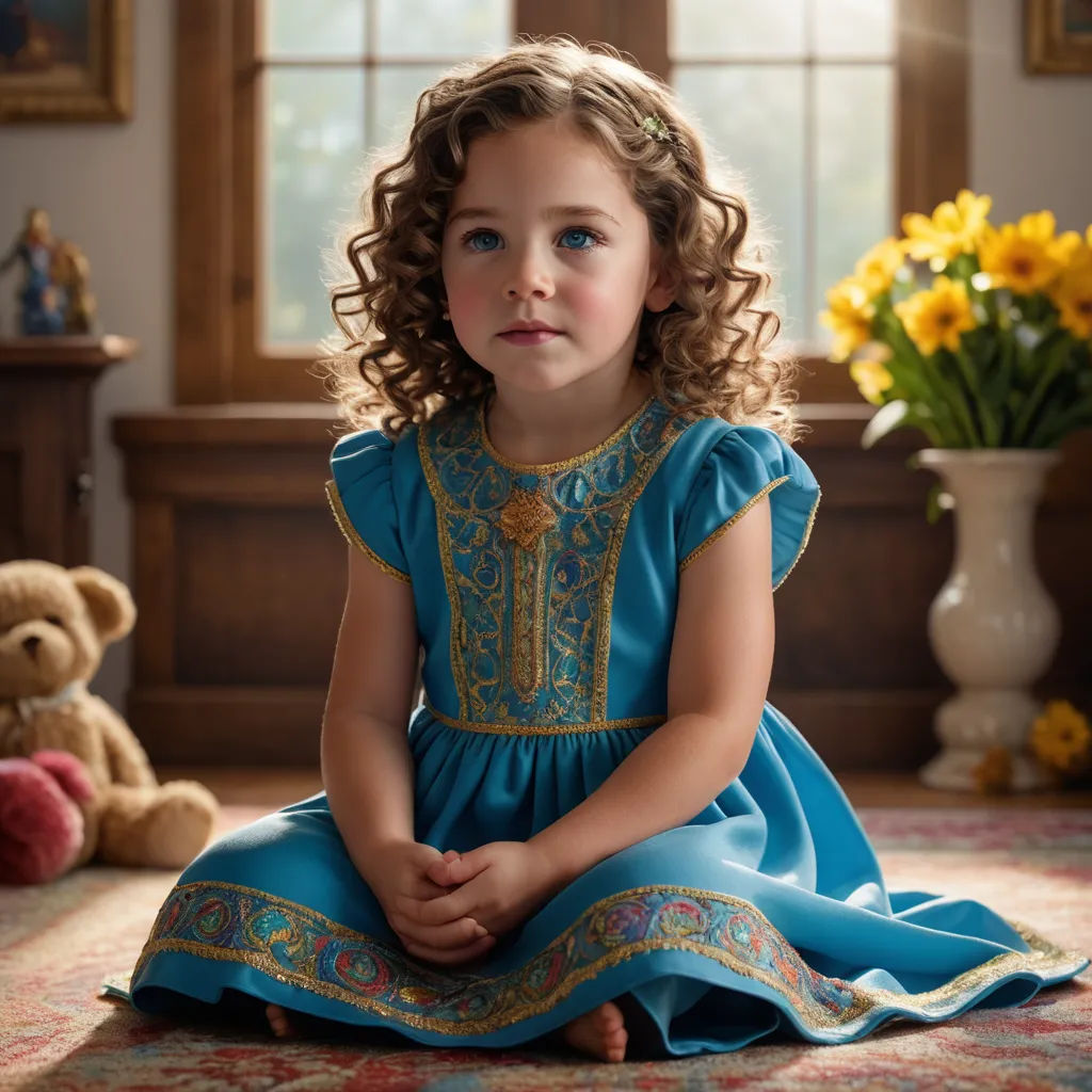 a little girl sitting on the floor in a blue dress with a gold trim around her neck and a teddy bear, american barbizon school, a photorealistic painting, Beatrice Huntington, portrait photography