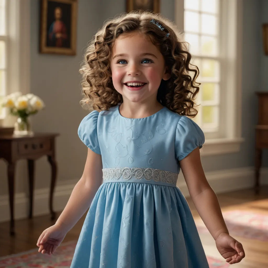 a little girl in a blue dress standing in a room with a rug and a table with flowers on it, rococo, a digital rendering, Evaline Ness, promotional image