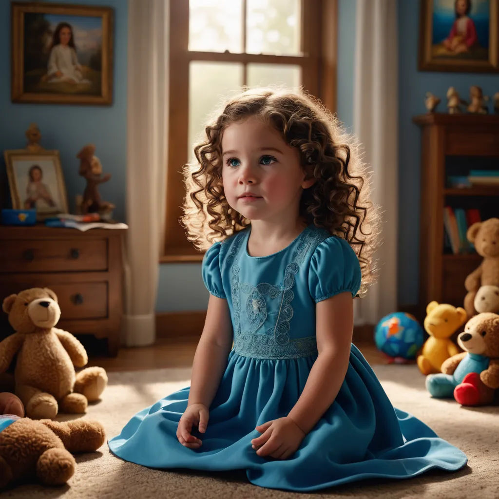 a little girl sitting on the floor in a room with teddy bears and a window with a view of the sky, photorealism, a photorealistic painting, Clarice Beckett, promotional image
